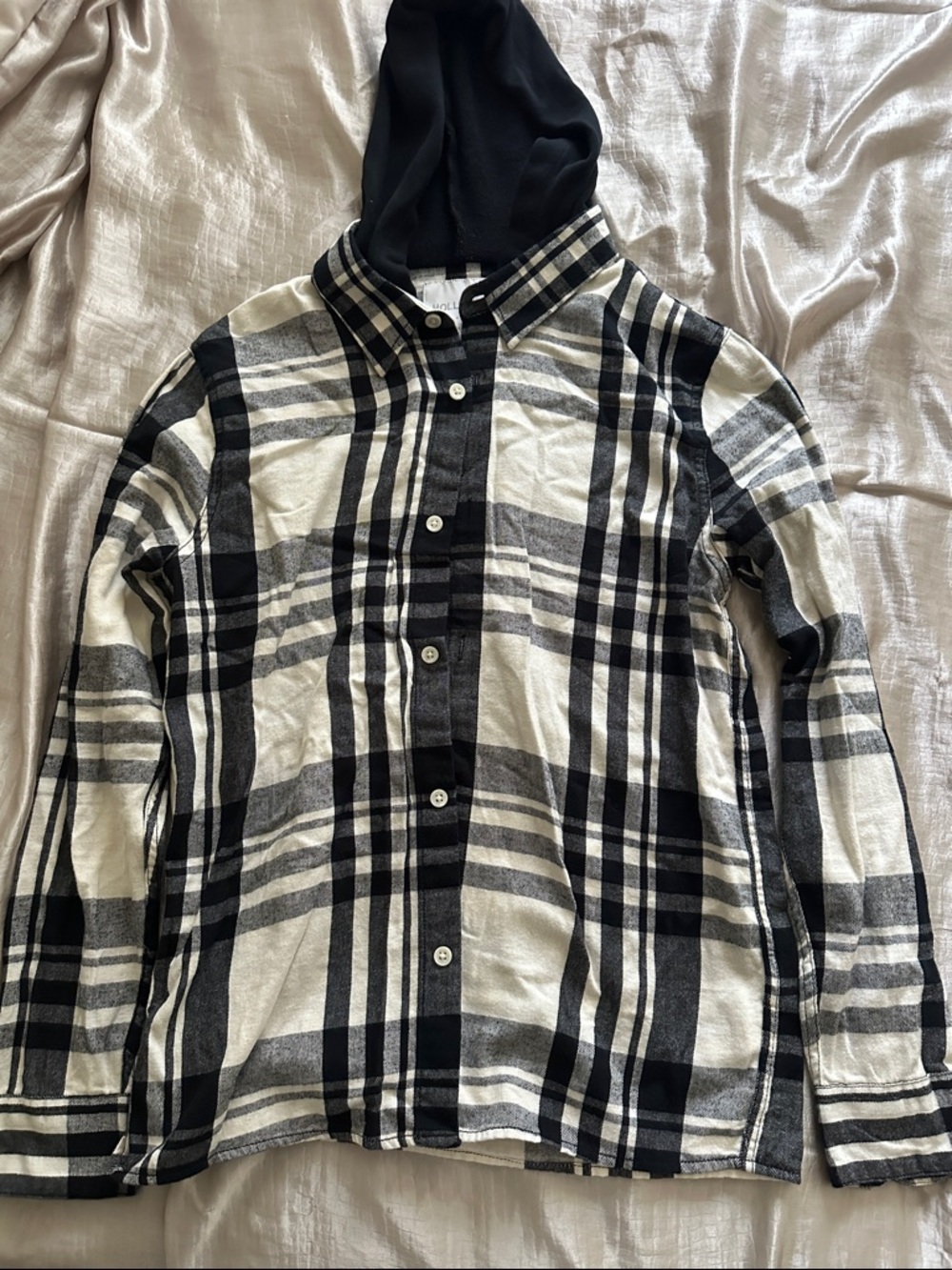 Hollister Black & White Plaid Button-Down Hooded Shirt